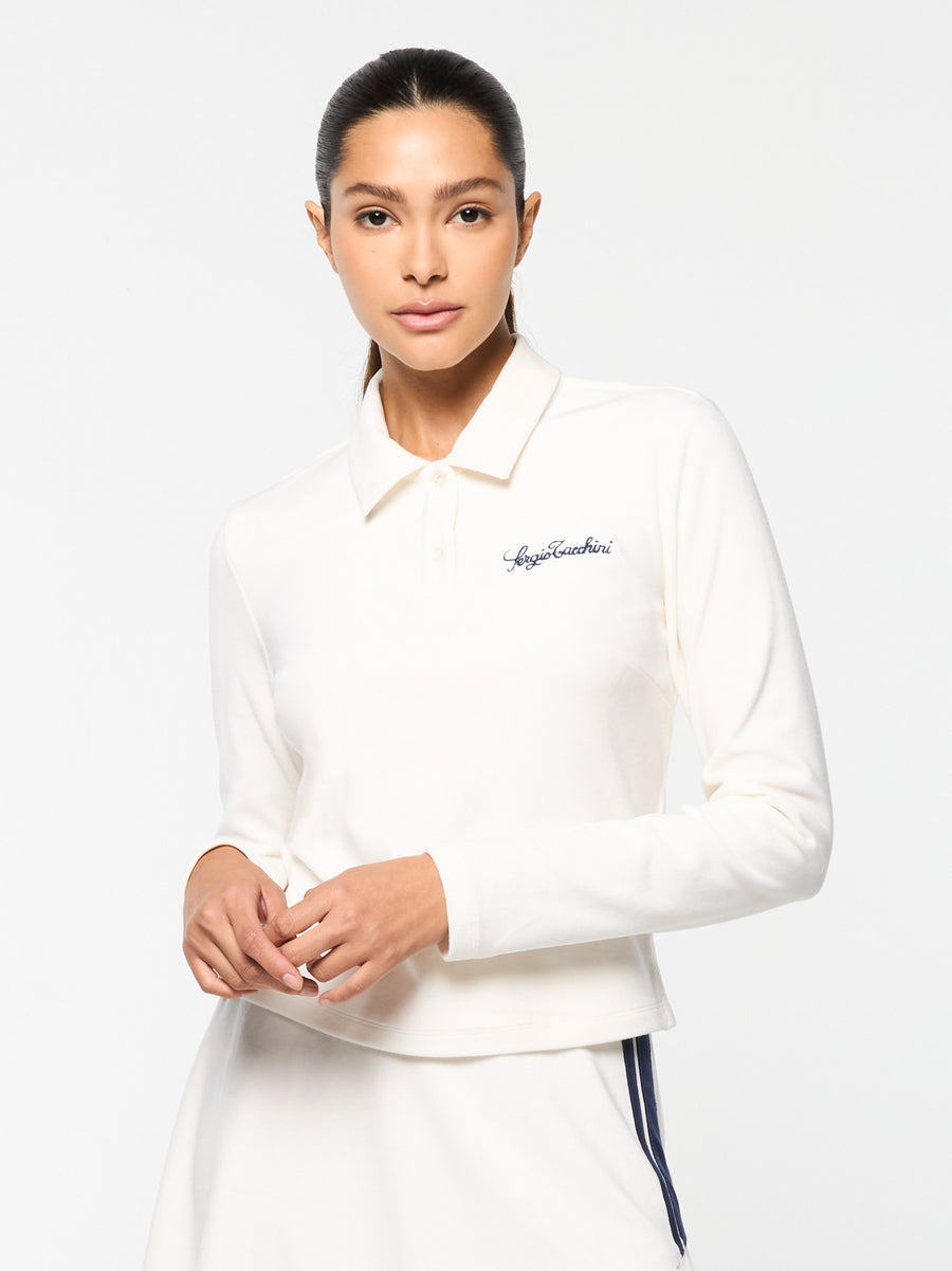 Veneto Velour Long Sleeve Polo- Gardenia