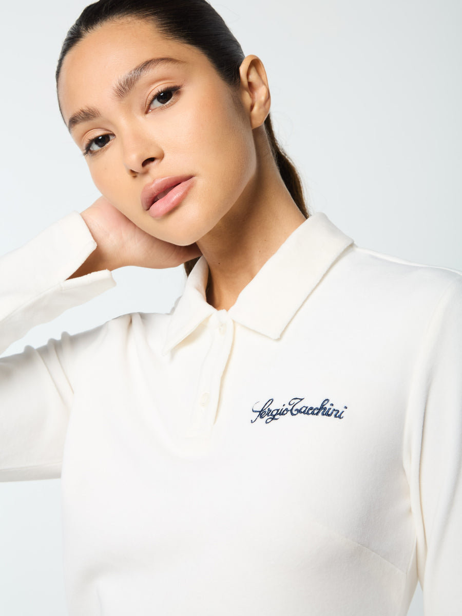 Veneto Velour Long Sleeve Polo- Gardenia